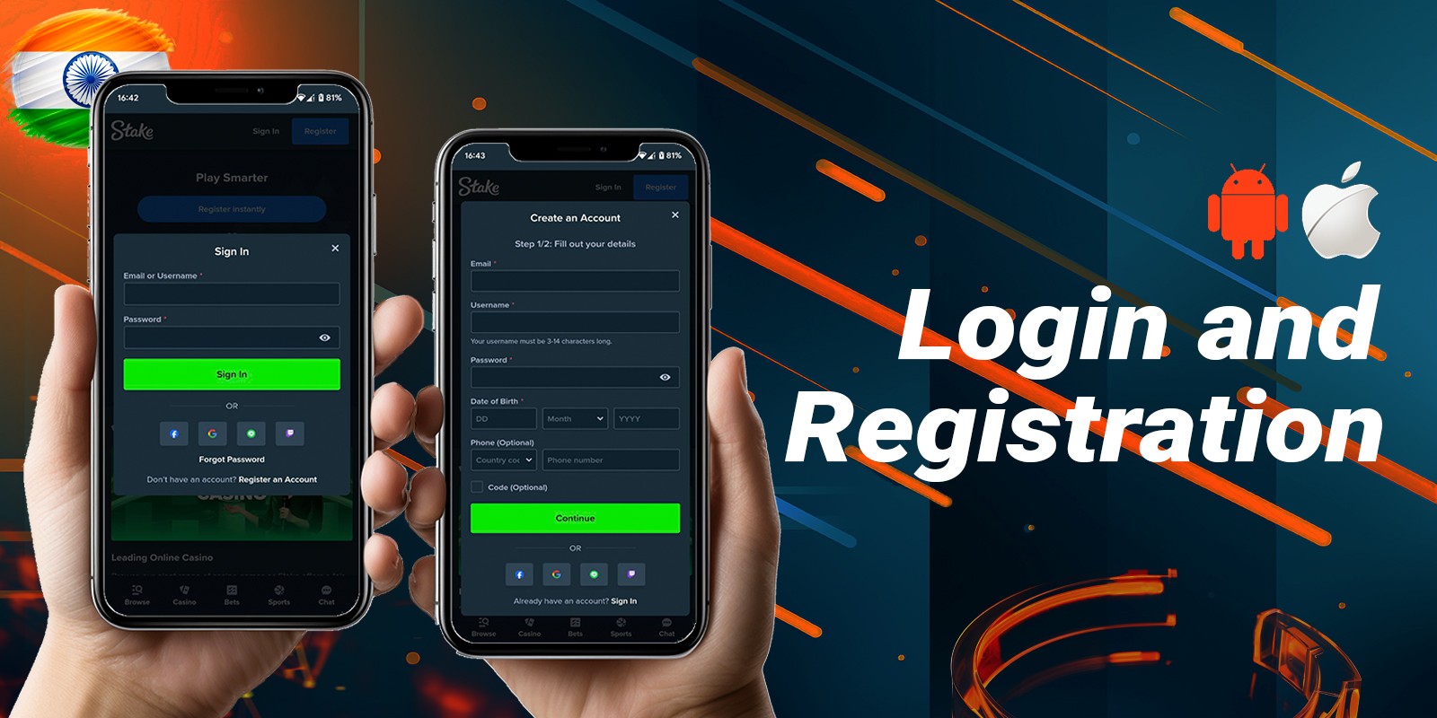 Step-by-step instructions for logging in and registering in the Stake app